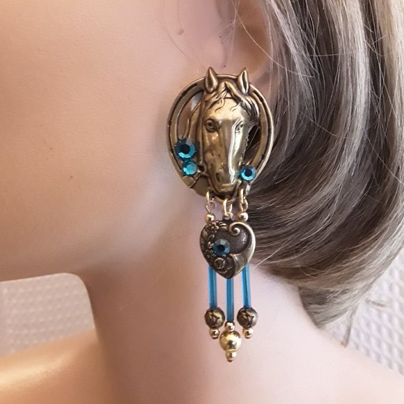 Rodeo Western Antiqued Brass Horse Head Dangle & Bling Post Earrings - Picture 4 of 4